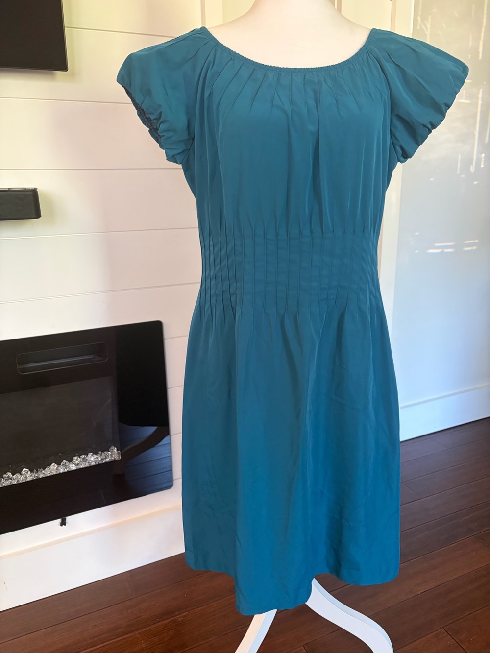 AB Studio Teal Pleated Waist Cap-Sleeve Mini Dress